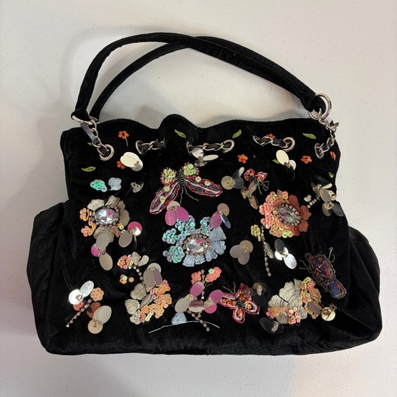 Y2K Black Velvet Sequin Butterfly Shoulder Bag Floral Beaded Boho Purse vintage - Picture 3 of 14